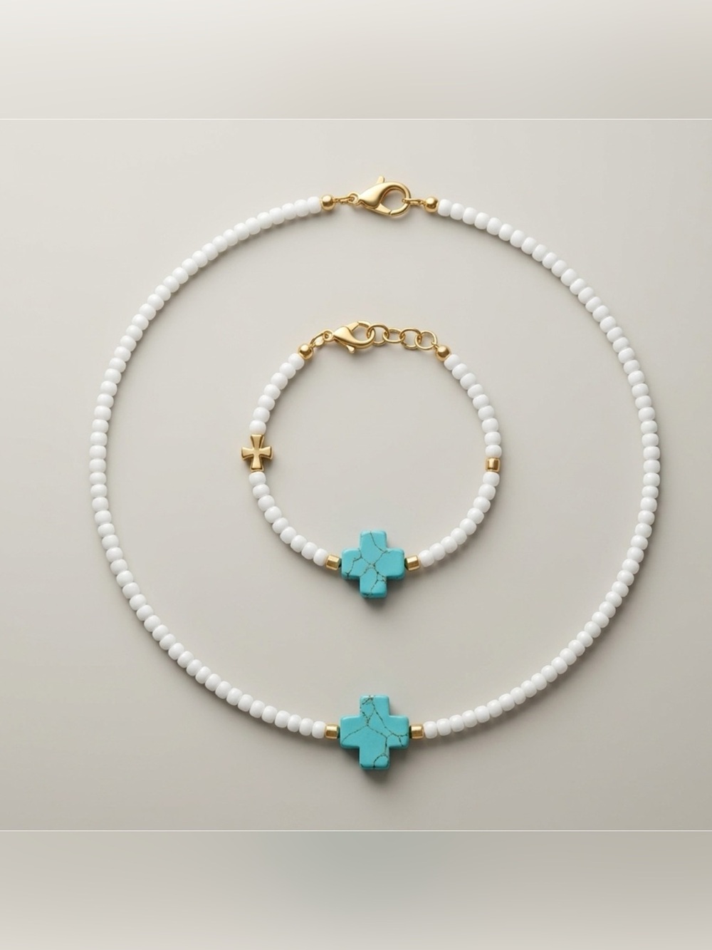 White Beaded Necklace & Bracelet‎ Set with Turquoise Cross Accents
